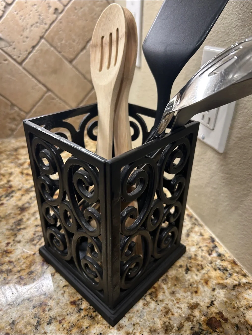 Black Iron Decorative Utensil Holder - Kitchen Counter Organizer